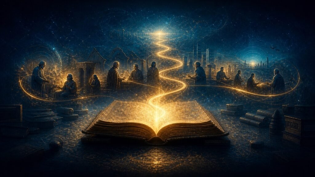 A luminous manuscript connecting human wisdom across ancient and modern history