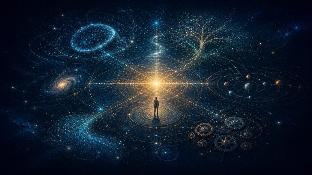 A person examining connected natural, cosmic, ecological, and mechanical systems