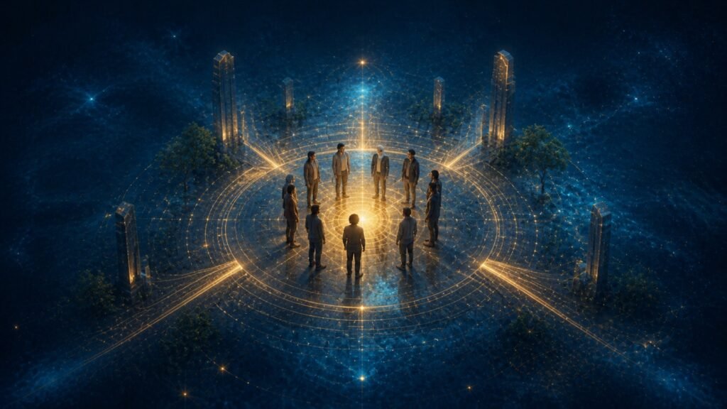 A diverse community gathered around a luminous center representing shared belief and moral principles