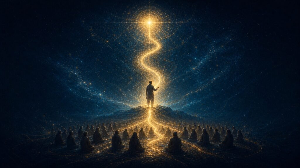 An abstract source of light, a human guide, and a luminous message reaching a community