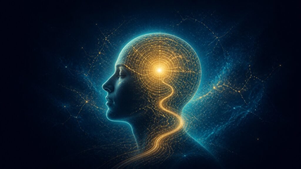 A contemplative human profile with a luminous mind map representing belief and thought