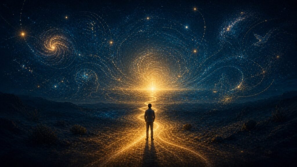 A contemplative person following a luminous path toward the source of existence
