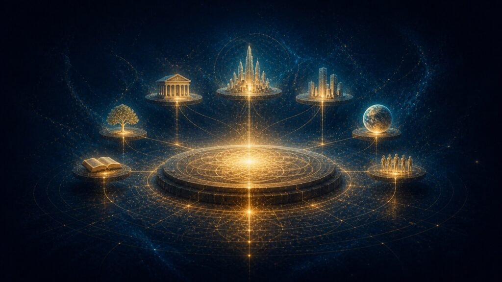 A luminous central foundation supporting connected ideas, communities, and systems